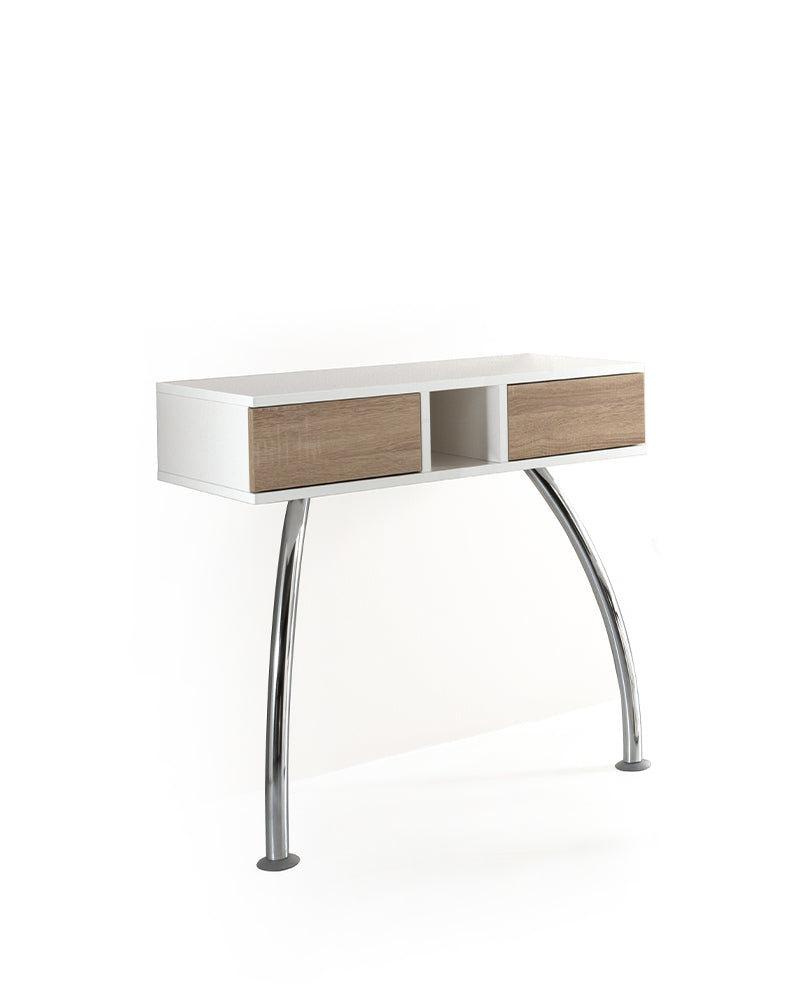 Make-up - White wall unit with drawers in oak pattern - Chrome legs